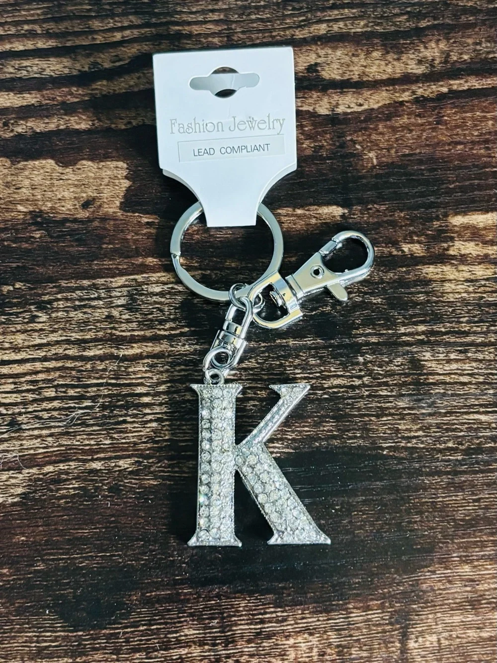 Silver Tone‎ Sparkling Crystal Rhinestone Letter K Key Ring with Clasp